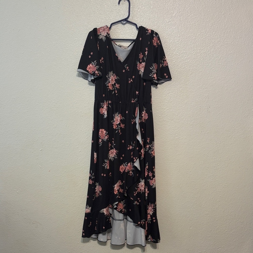 Charming Black and Pink‎ Floral Kids High Low Dress